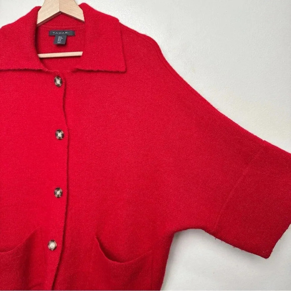 Tahari Womens Medium Button Collar Red Wool Oversized Cardigan - Picture 6 of 14